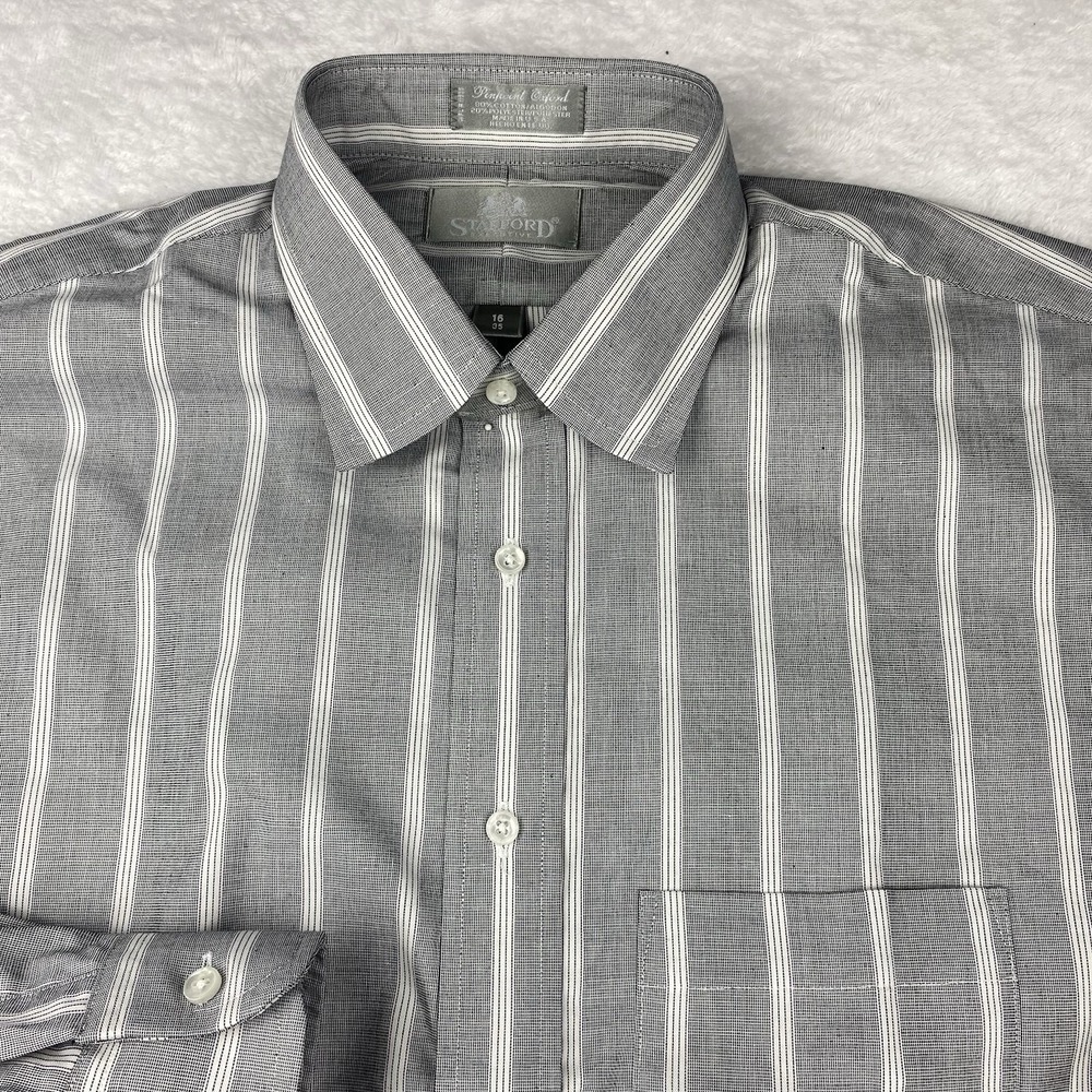 Stafford Pinpoint Oxford Dress Shirt Men's 16-35 Gray/White Stripes New!